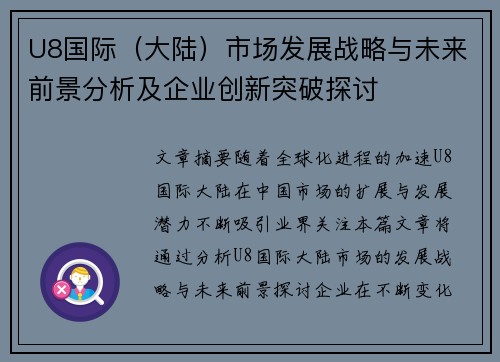 U8国际（大陆）市场发展战略与未来前景分析及企业创新突破探讨